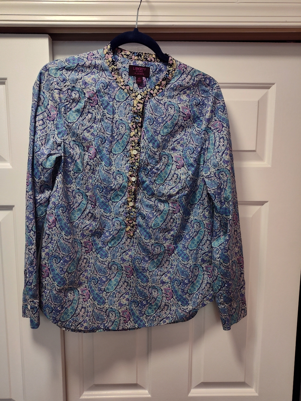 J. Crew Liberty Size 10 Blue Paisley Button-Front Blouse